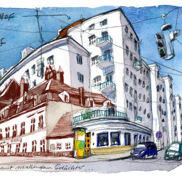 Eine Aquarellzeichnung des Einstein Hofs, ehemals die Residenz von Hans Wurts, in Wien.