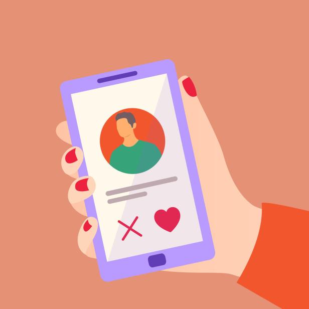 Eine Hand hält ein Smartphone mit einer Dating-App, auf der ein Mann abgebildet ist.