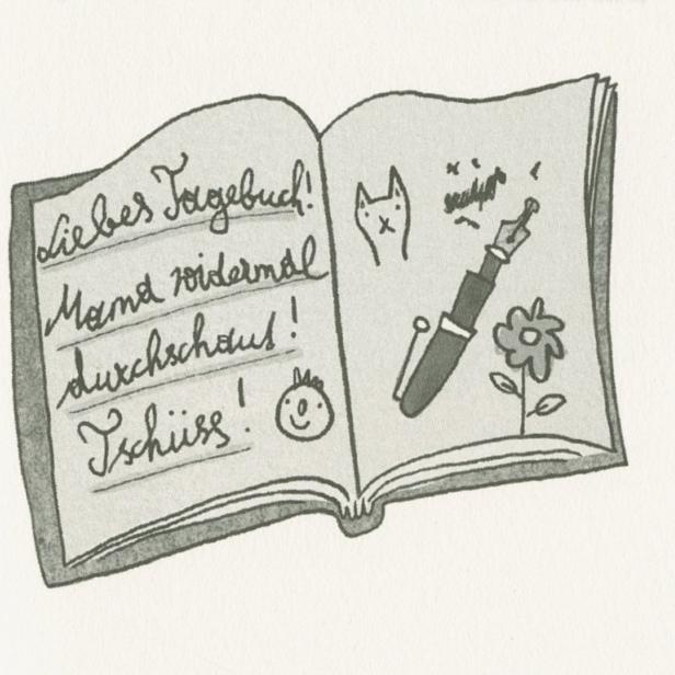 Ein aufgeschlagenes Tagebuch mit Kritzeleien und dem Text „Liebes Tagebuch! Mama soidemal durchschaus! Tschüss!“.