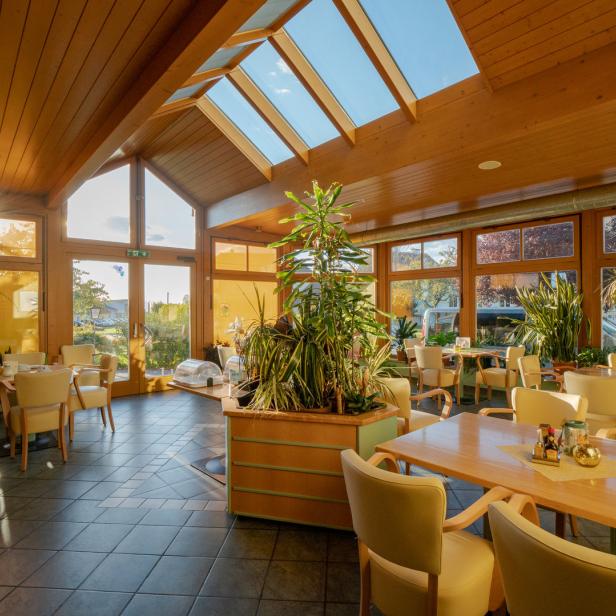 Ein helles Restaurant mit Holzbalken, großen Fenstern und vielen Pflanzen.