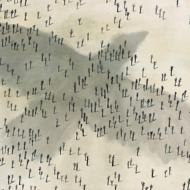 Eine stilisierte Darstellung einer Landschaft mit vielen kleinen Bäumen und einem Schatten.