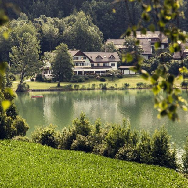 Ein See mit Häusern am Ufer, umgeben von grüner Natur.