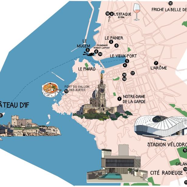 Eine illustrierte Karte von Marseille mit Sehenswürdigkeiten wie Château d'If und Notre-Dame de la Garde.
