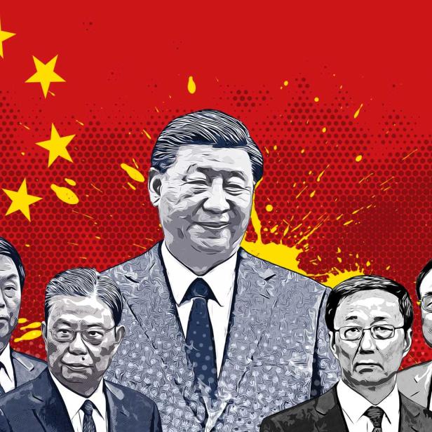 Die Mitglieder des Ständigen Ausschusses des Politbüros von links nach rechts: Wang Huning, Li Zhanshu, Zhao Leji, Xi Jinping, Han Zhen, Li Keqiang und Wang Yang.