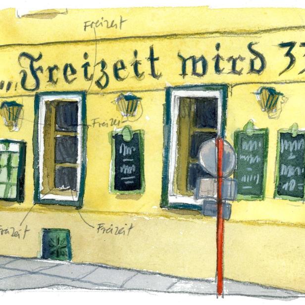 Aquarellzeichnung eines gelben Gebäudes mit der Aufschrift „Freizeit wird 33“.