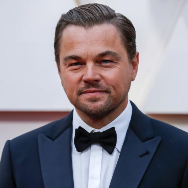 Porträt von Leonardo DiCaprio in einem dunklen Anzug mit Fliege.