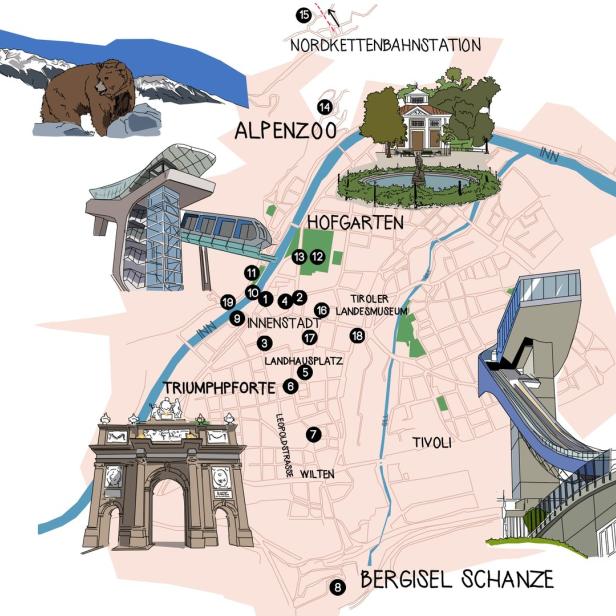 Eine illustrierte Karte von Innsbruck mit Sehenswürdigkeiten wie Alpenzoo und Bergisel Schanze.