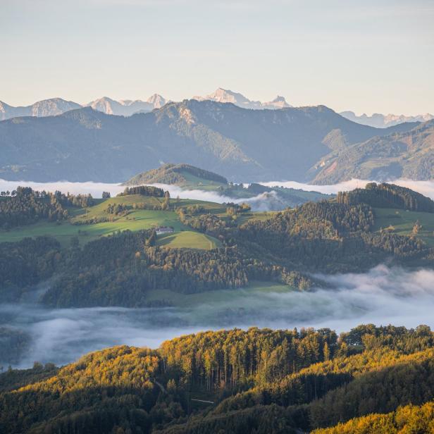 Hügelige Landschaft mit Wäldern und Feldern im Nebel, im Hintergrund Berge.