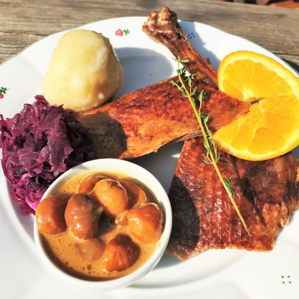 Ein Teller mit knuspriger Martinigans, Rotkohl, Knödeln und Maronen.