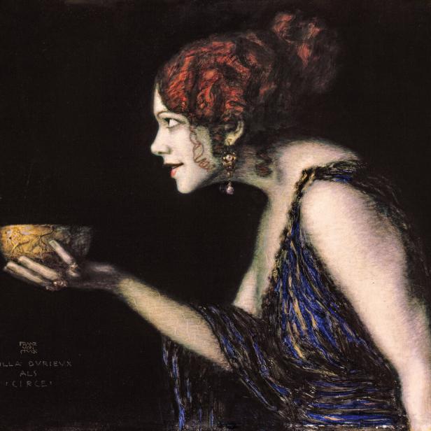 Das Gemälde zeigt Tilla Durieux als Circe, die eine goldene Schale in der Hand hält.