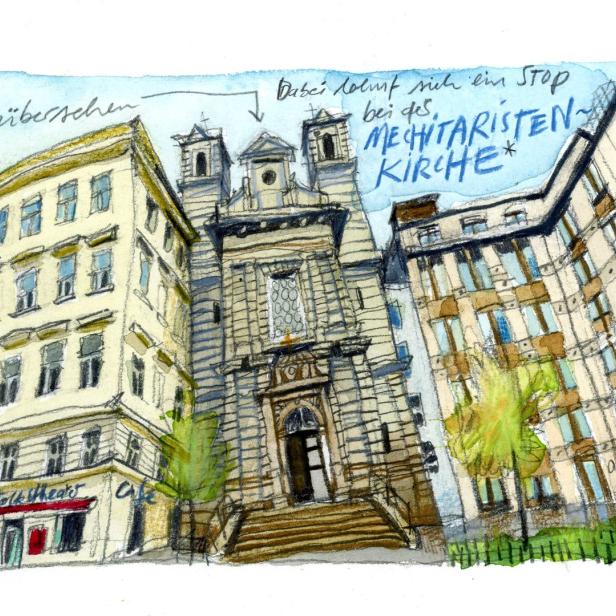 Eine Aquarellzeichnung der Mechitaristenkirche in Wien, umgeben von anderen Gebäuden.