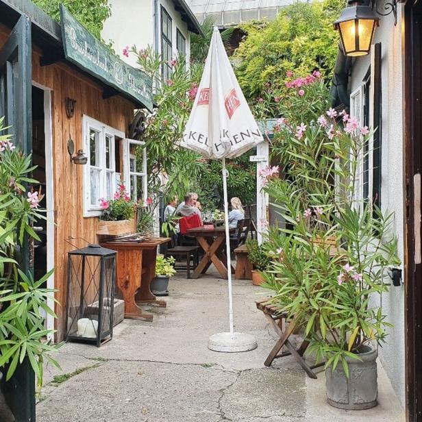 Ein gemütlicher Innenhof mit Gästen unter einem Sonnenschirm und blühenden Pflanzen.