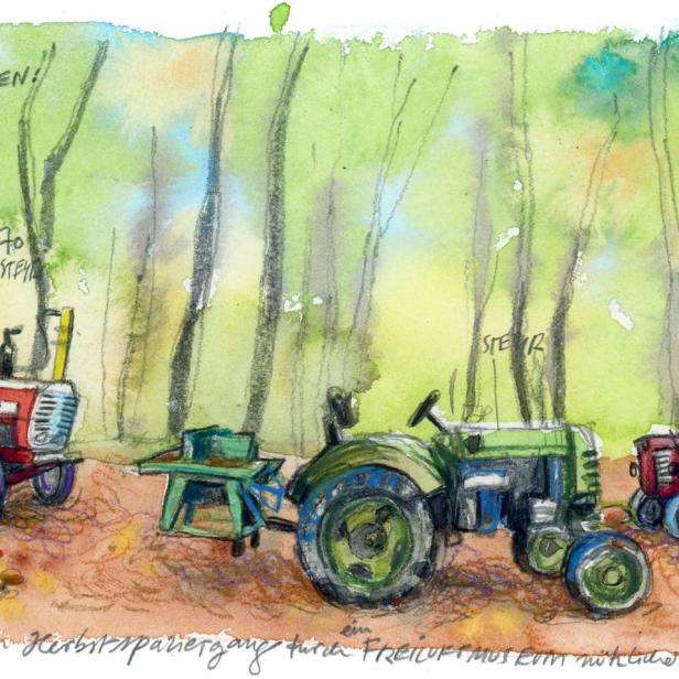 Aquarellzeichnung von drei Oldtimer-Traktoren in einem Waldstück.