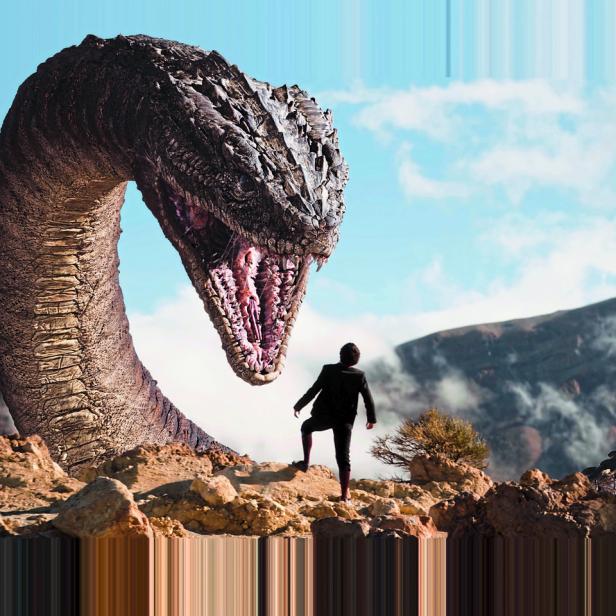 Ein Mann steht vor einem riesigen, aufgerichteten Drachen in einer felsigen Landschaft.