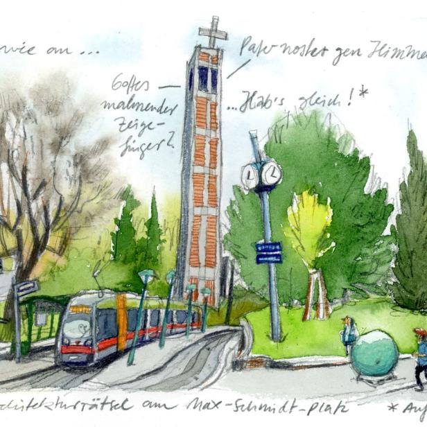 Eine Aquarellzeichnung des Max-Schmidt-Platzes mit Straßenbahn und Kirchturm.