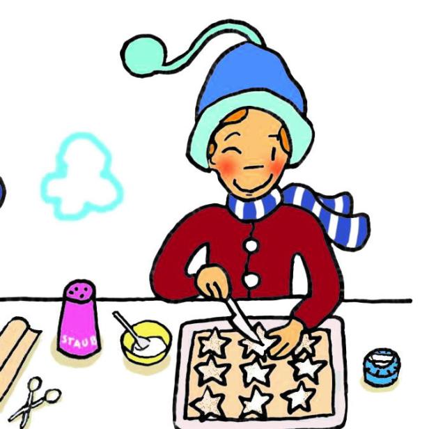Ein Kind mit Mütze und Schal sticht Sterne aus Teig für Weihnachtsplätzchen aus.