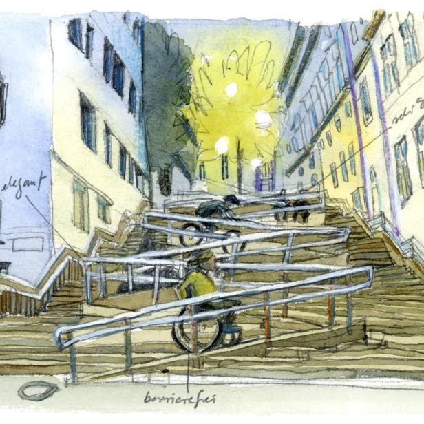 Eine Illustration der Thurnstiege, einer langen Treppe in einer Stadt, mit Radfahrern.