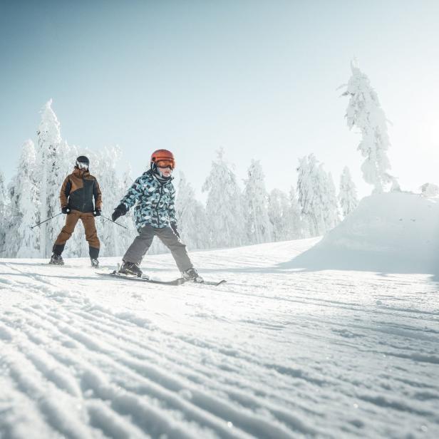 Zwei Skifahrer fahren auf einer schneebedeckten Piste mit verschneiten Bäumen im Hintergrund.
