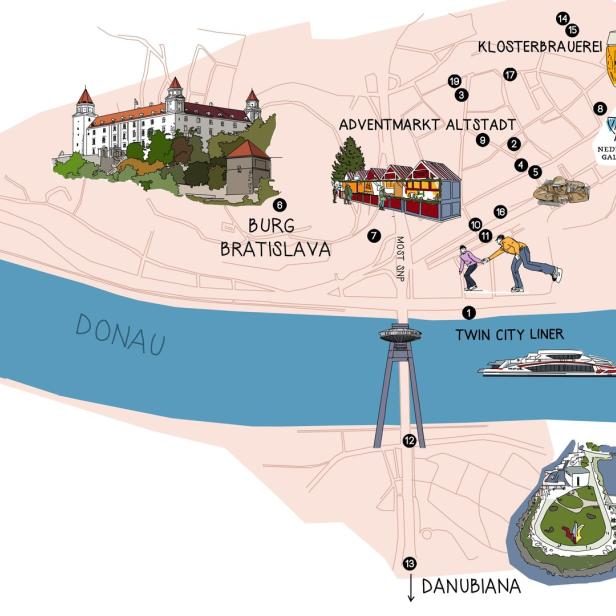 Eine illustrierte Karte von Bratislava mit Sehenswürdigkeiten wie Burg, Altstadt und Donau.