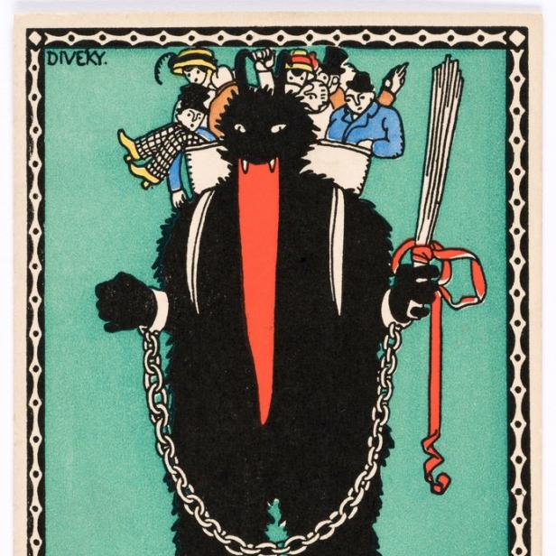 Eine Illustration von Krampus, der eine Kette trägt und von einer Menschenmenge umgeben ist.