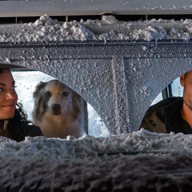 Ein Mann, eine Frau und ein Hund sitzen in einem verschneiten Auto.