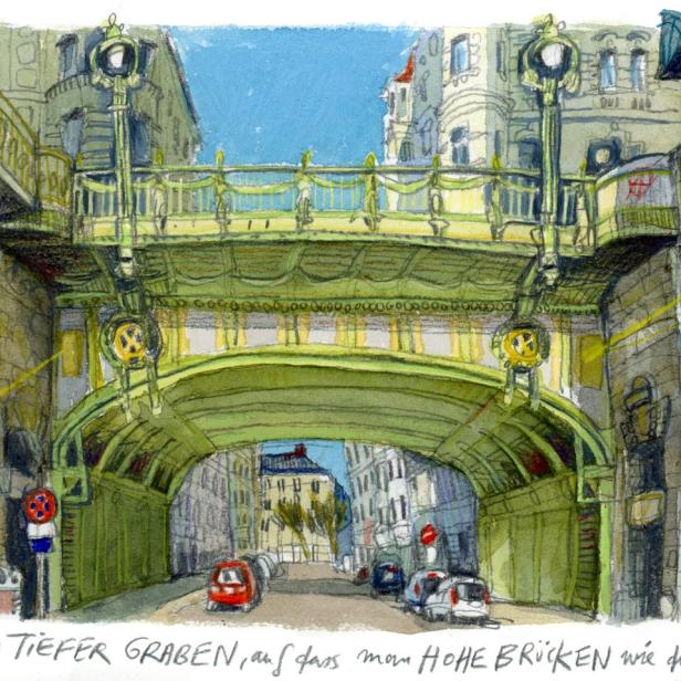 Eine Aquarellzeichnung der Hohen Brücke in Wien, erbaut im Jahr 1904.