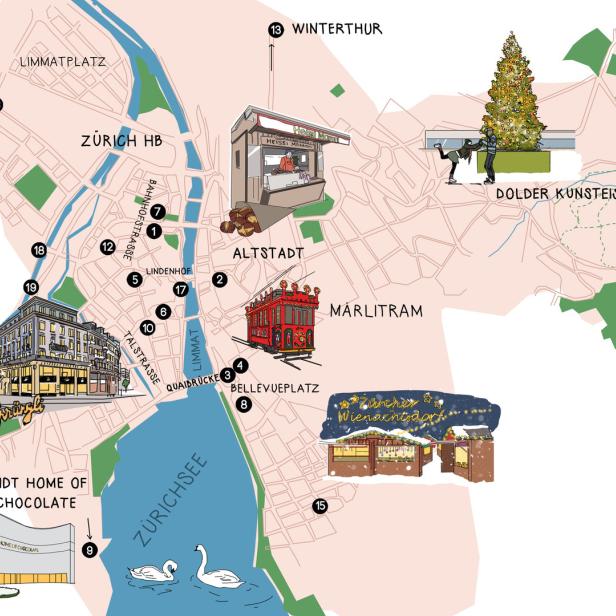 Eine Karte von Zürich mit Sehenswürdigkeiten wie dem Lindt Home of Chocolate und dem Zürcher Wienachtsdorf.