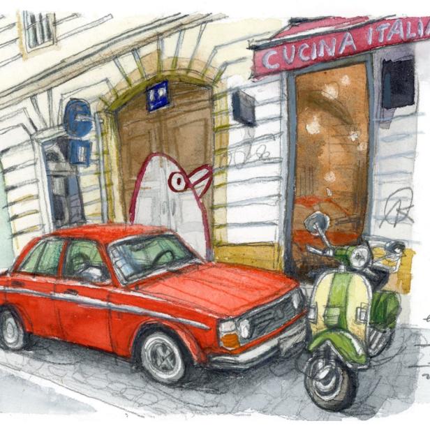 Ein rotes Auto und ein Motorroller stehen vor einem italienischen Restaurant in der Schleifmühlgasse.