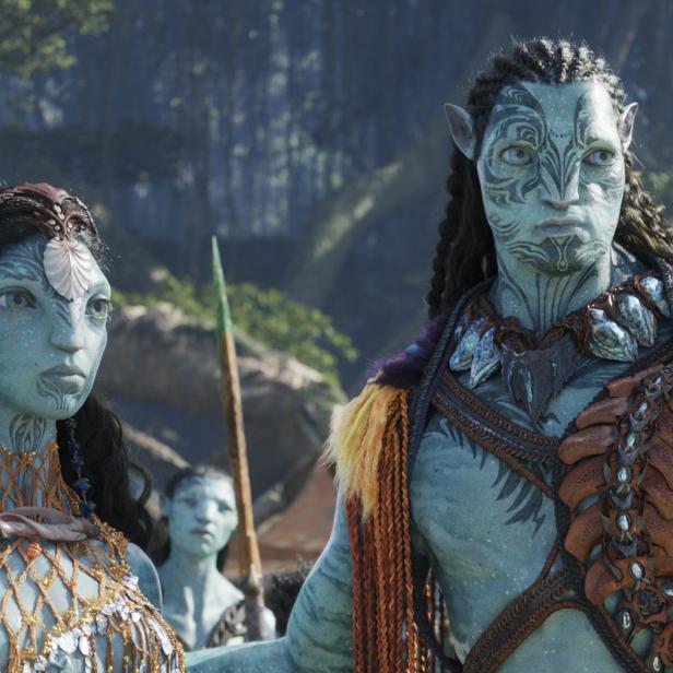 Zwei Na'vi-Charaktere aus dem Film „Avatar“ stehen vor einem Wald.