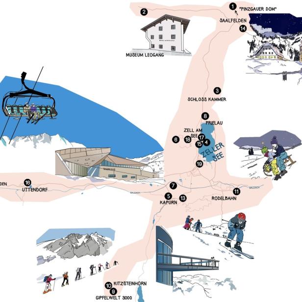 Eine illustrierte Karte der Region Zell am See-Kaprun mit verschiedenen Sehenswürdigkeiten und Aktivitäten.