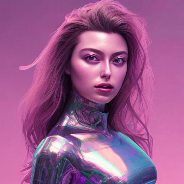 Eine Frau mit langen, rosafarbenen Haaren und einem futuristischen, schimmernden Oberteil vor einem rosa Hintergrund.