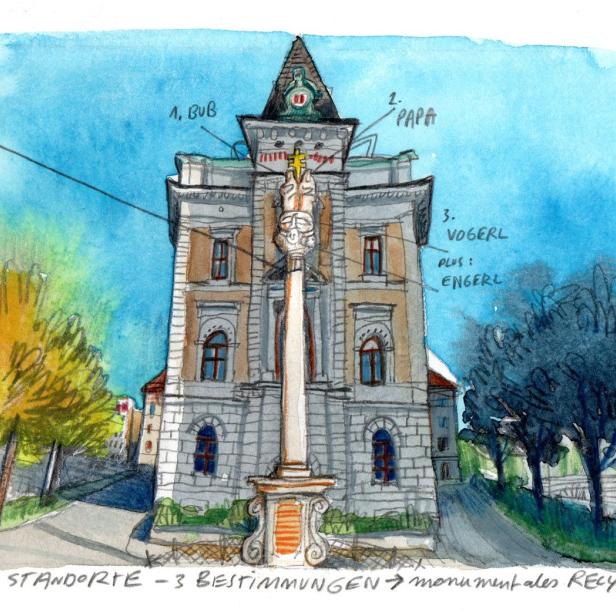 Eine aquarellartige Darstellung eines Gebäudes mit einer Säule davor, möglicherweise ein Denkmal.