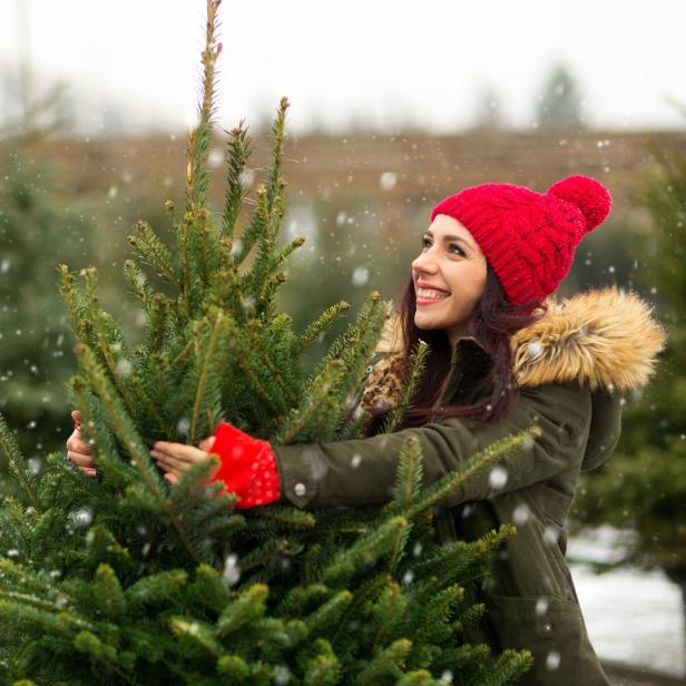 Eine Frau in Winterkleidung umarmt einen kleinen Weihnachtsbaum im Schneefall.