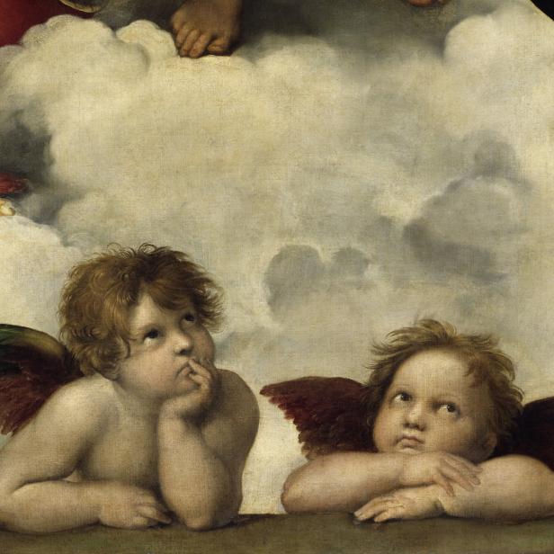 Zwei geflügelte Putten aus Raffaels „Sixtinischer Madonna“ lehnen auf einer Wolke.