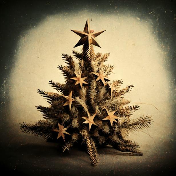 Ein kleiner, rustikaler Weihnachtsbaum mit Sternen geschmückt.