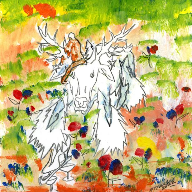 Ein Mann reitet auf einem Hirsch in einer bunten, floralen Landschaft.