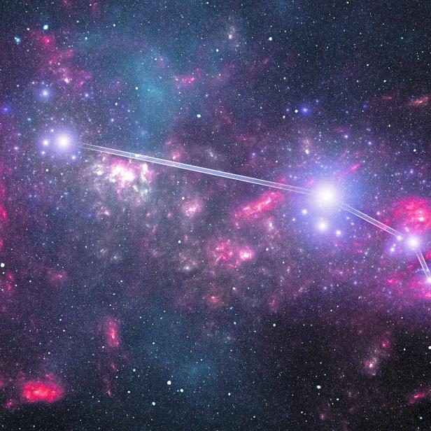 Die Sternenkonstellation Widder vor einem farbenprächtigen Nebel im Weltraum.