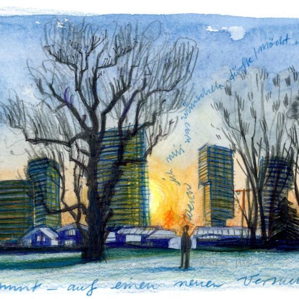Eine Aquarellzeichnung von Hochhäusern hinter Bäumen bei Sonnenaufgang.