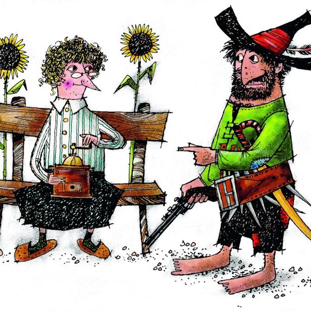Großmutter und Räuber Hotzenplotz in einer Illustration von Otfried Preußler.