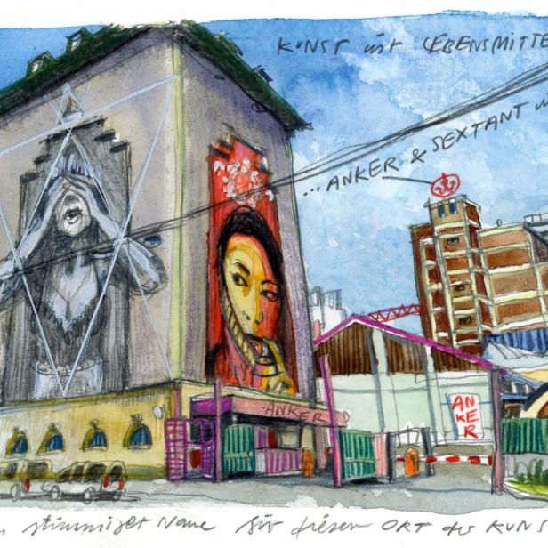 Eine Aquarellzeichnung der Anker Brotfabrik mit Kunstwerken an den Fassaden.