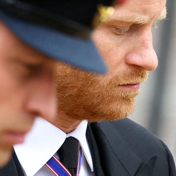 Prinz William und Prinz Harry stehen nebeneinander und blicken zu Boden.