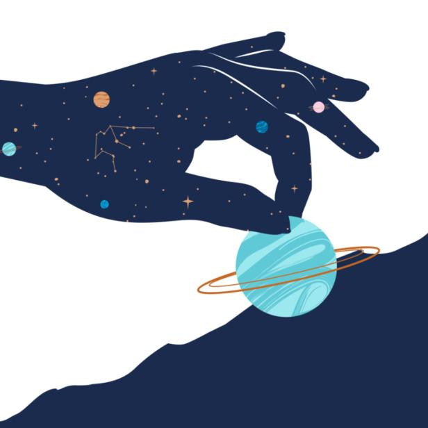 Eine stilisierte Hand hält einen blauen Planeten mit Ringen vor einem Nachthimmel.