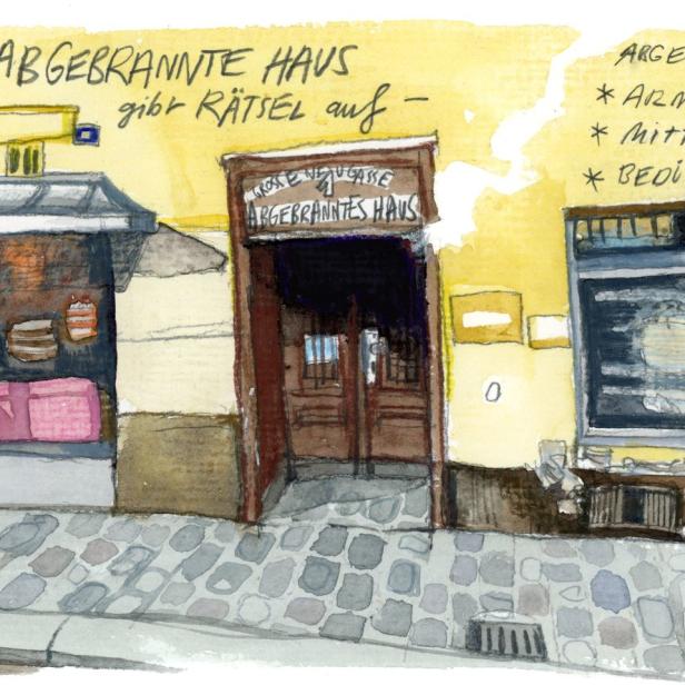 Eine Aquarellzeichnung eines gelben Gebäudes mit der Aufschrift „Das abgebrannte Haus gibt Rätsel auf“.