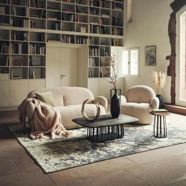 Ein Wohnzimmer mit einem Bücherregal, einem Sofa und einem Sessel in hellen Farben.