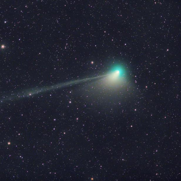 Ein Komet mit leuchtendem Schweif vor einem Sternenhimmel.