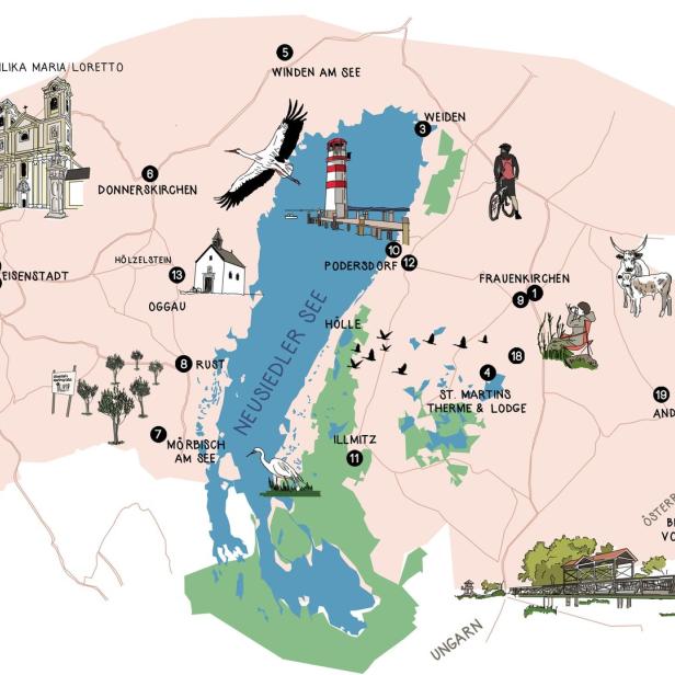 Eine illustrierte Karte der Region Neusiedler See mit Sehenswürdigkeiten und Ortsnamen.
