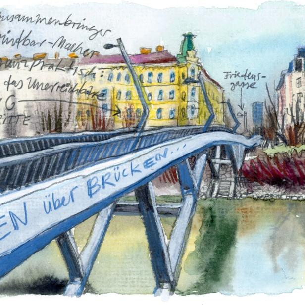 Eine Aquarellzeichnung einer Brücke mit dem Schriftzug „Brücken über Brücken…“.