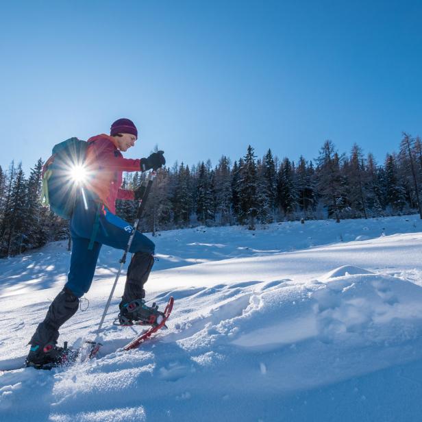 Eine Person wandert mit Schneeschuhen und Stöcken durch eine verschneite Winterlandschaft.