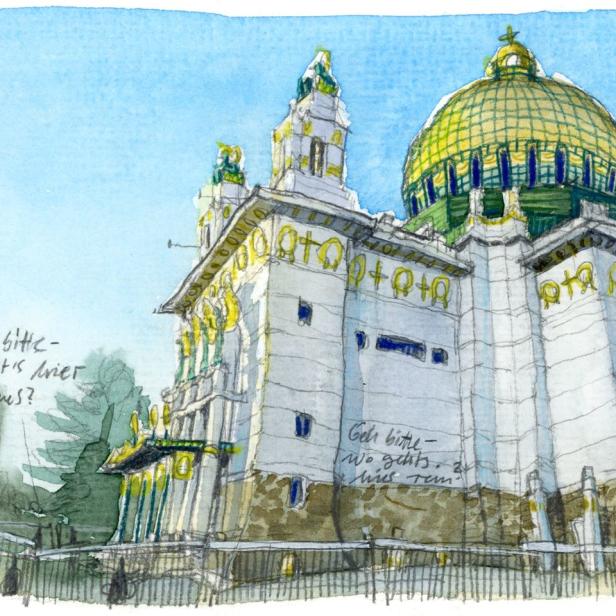 Eine Aquarellzeichnung der Otto-Wagner-Kirche in Wien.