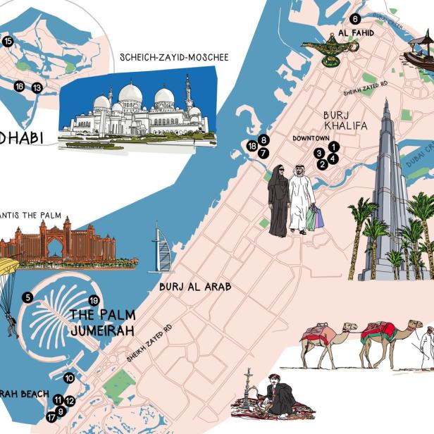 Eine illustrierte Karte von Abu Dhabi und Dubai mit Sehenswürdigkeiten wie der Scheich-Zayid-Moschee und dem Burj Khalifa.
